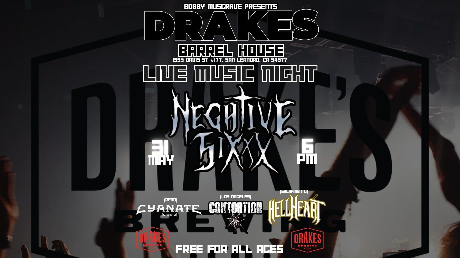 Bobby Musgrave presents Cyanate, Contortion, Hellheart, and Negative Sixxx Saturday, May 31st at Drake's Barrel House