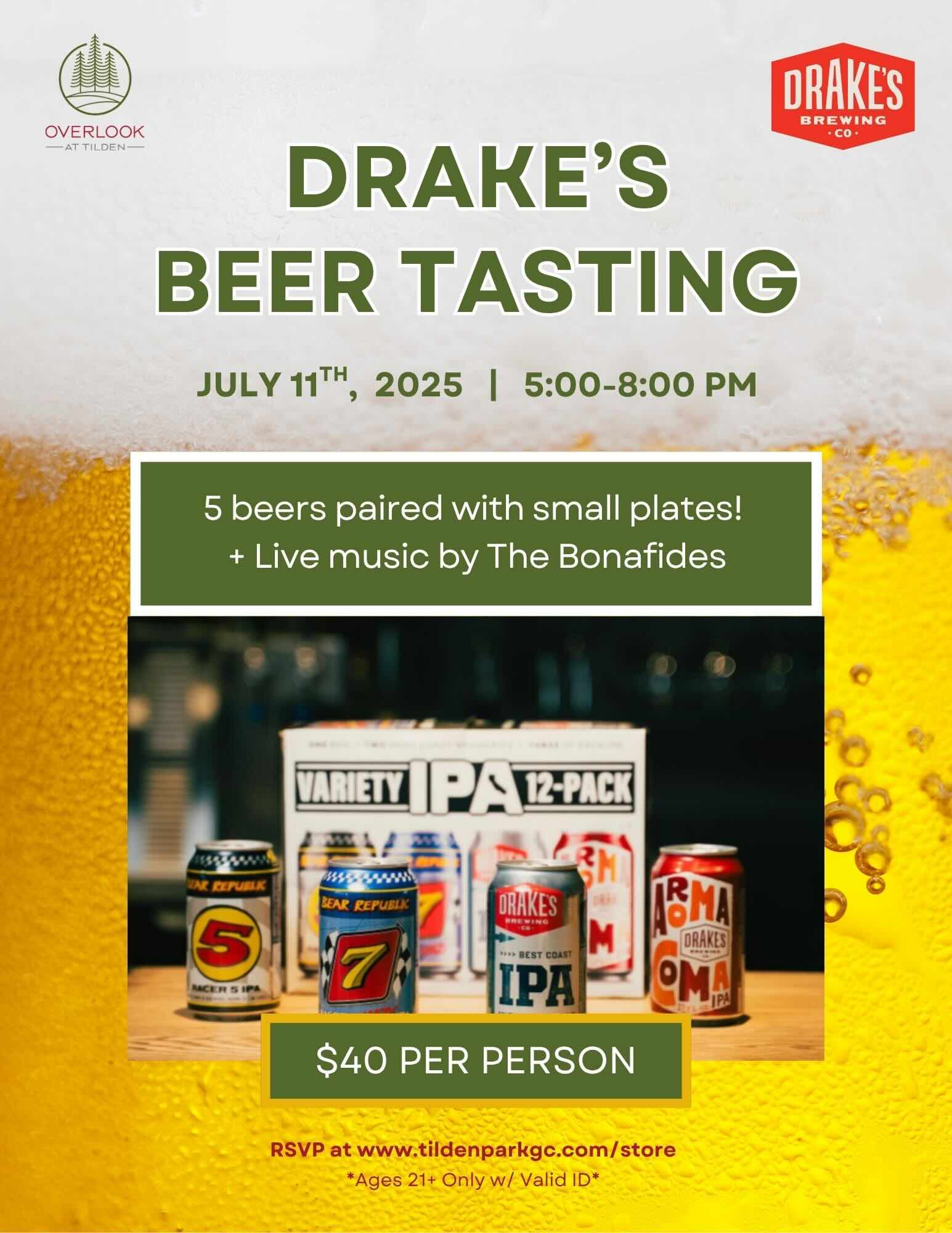 Drake's Beer Tasting at The Overlook at Tilden Park on Friday, July 11th 5-8pm