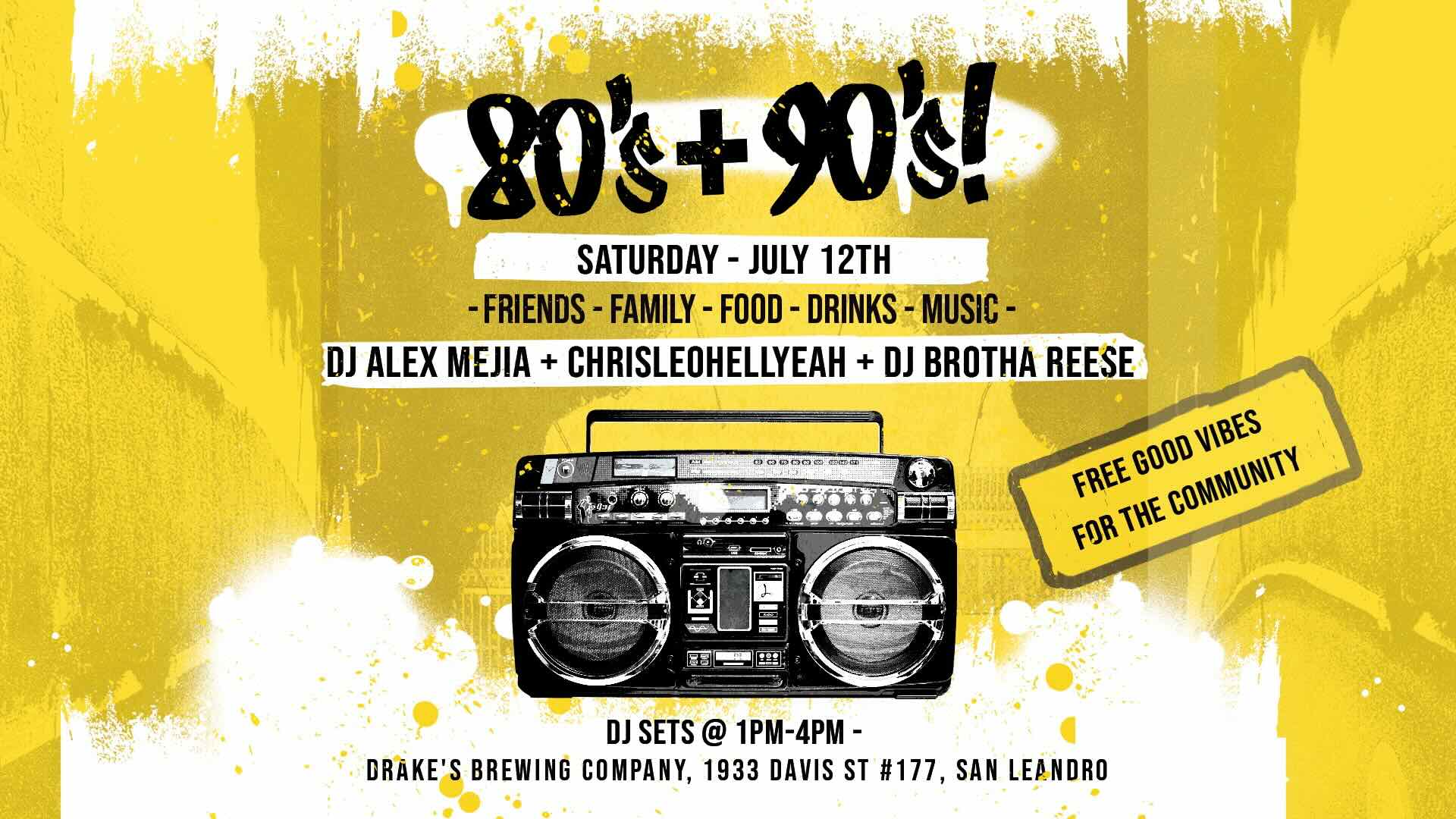 Beats 4 Hope 80s + 90s Community Jam with DJ Alex Mejia, Christopher Leo, and DJ Brotha Reese at Drake’s Barrel House on Saturday, July 12th 1–4PM