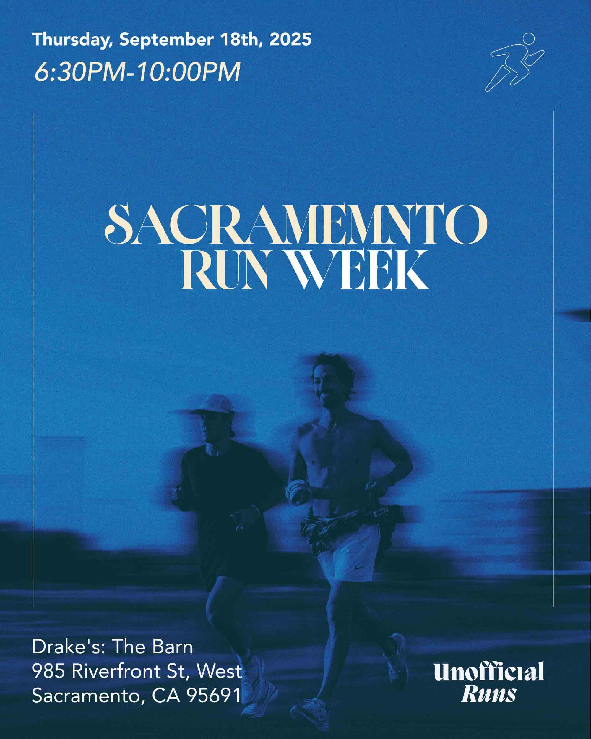 Sacramento Run Week on Thursday, September 18th 6:30-10pm at Drake's: The Barn