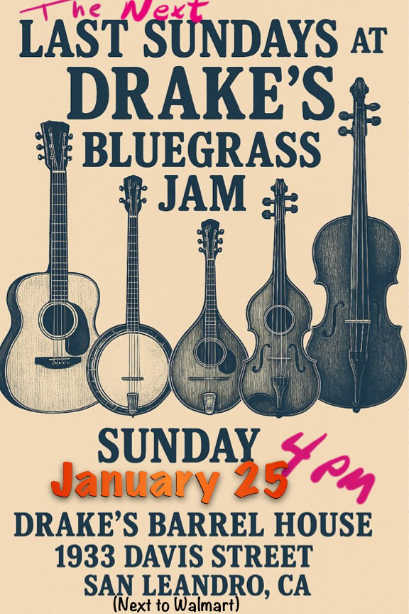 Bluegrass Jam Sunday, January 25th at Drake's Barrel House