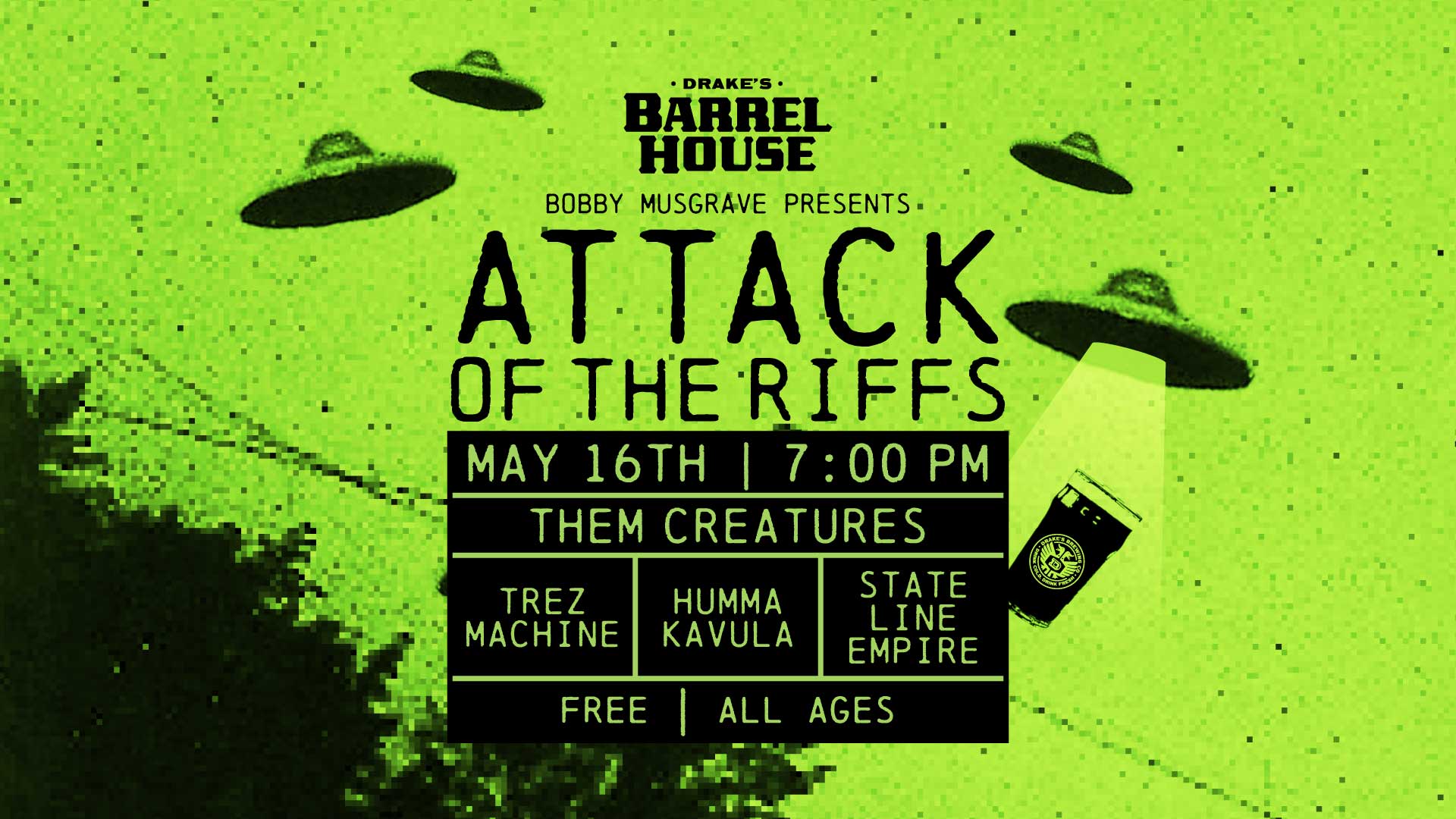 Bobby Musgrave Presents Attack Of The Riffs Friday, May 15th at Drake's Barrel House
