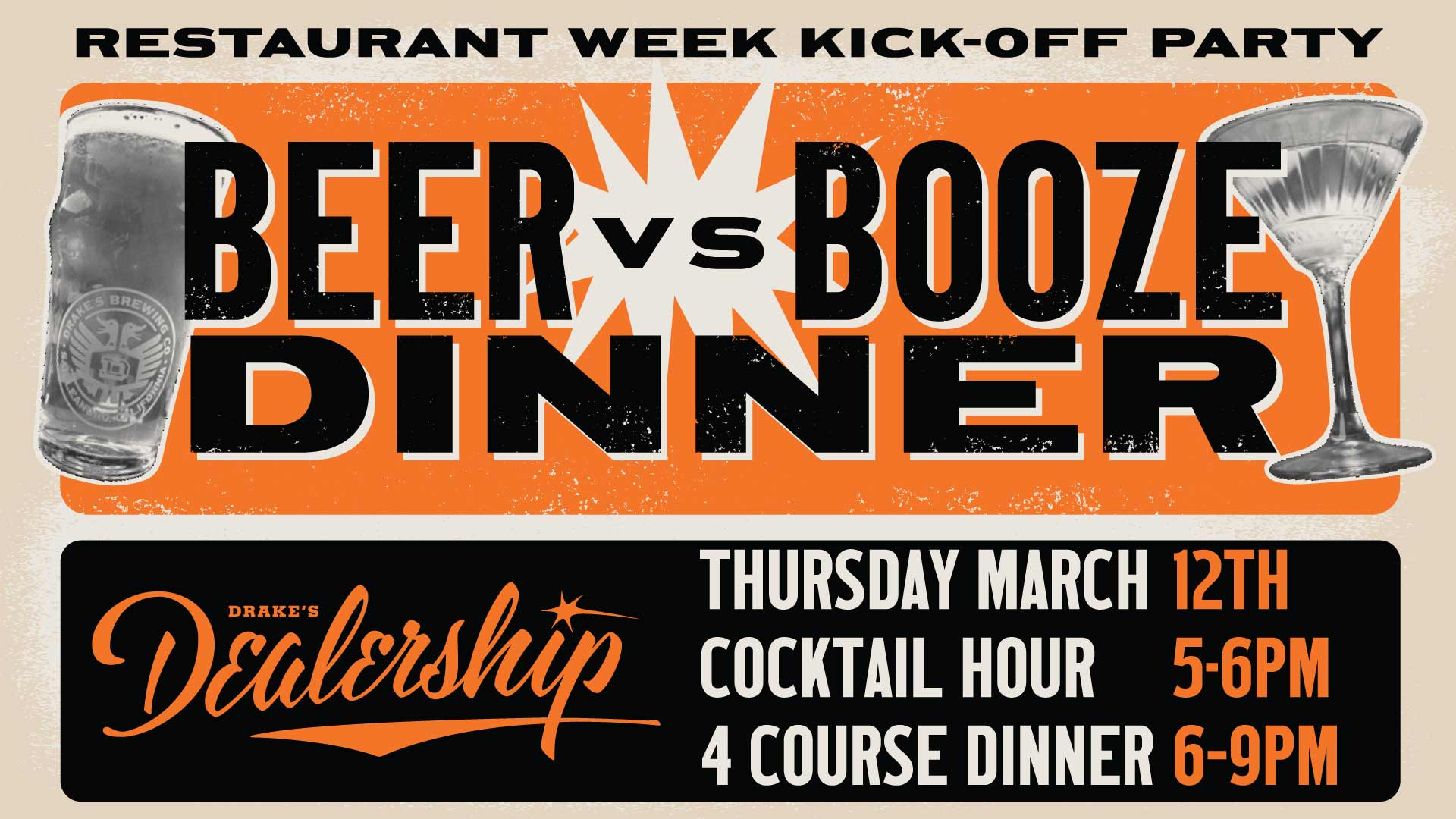 Beer vs. Booze Dinner Oakland Restaurant Week Kick-Off Party Thursday, March 12th at Drake's Dealership