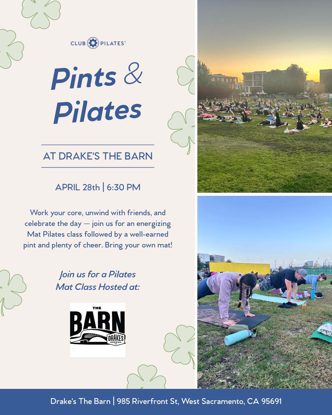 Pints & Pilates with Club Pilates Tuesday, April 28th at Drake's: The Barn