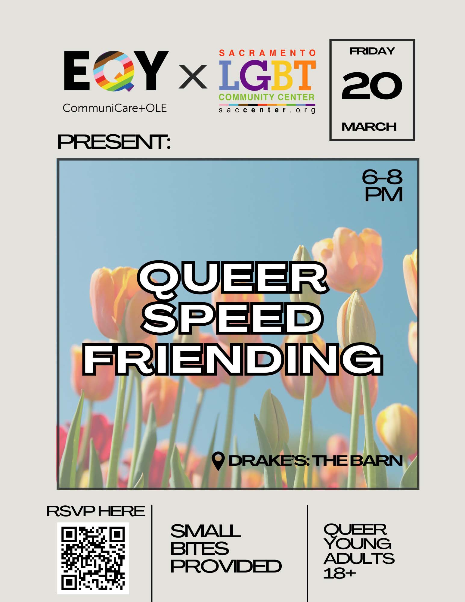 Queer Speed Friending with Elevate Queer Yolo and Sacramento LGBT Community Center Friday, March 20th 6-8pm at Drake's: The Barn