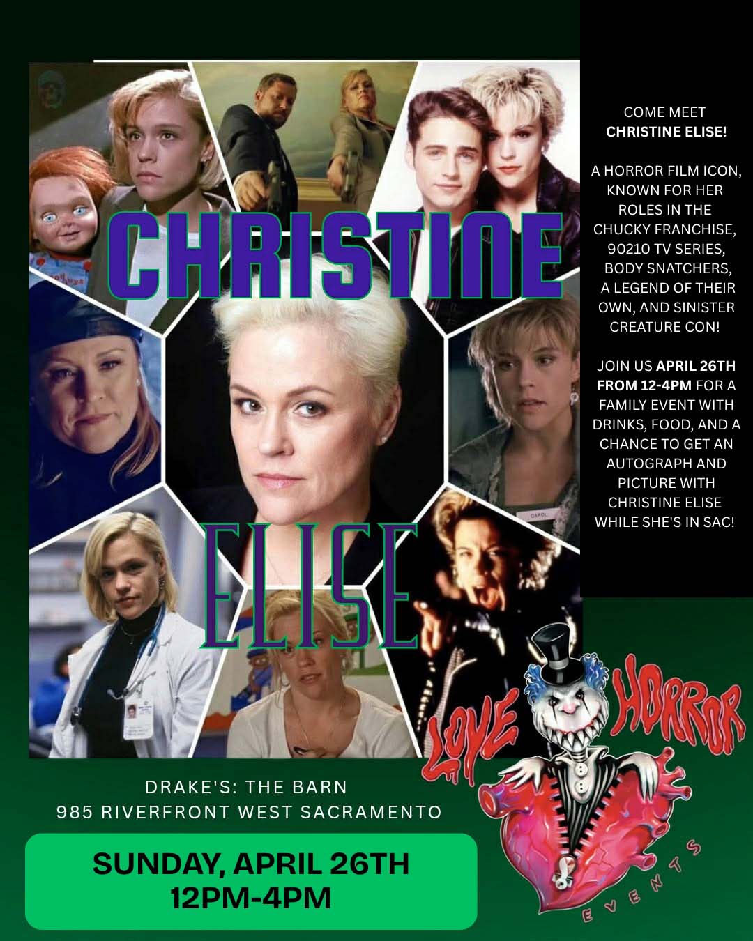 Celebrity Meet & Greet with Christine Elise & Love Horror Events Sunday, April 26th at Drake's: The Barn