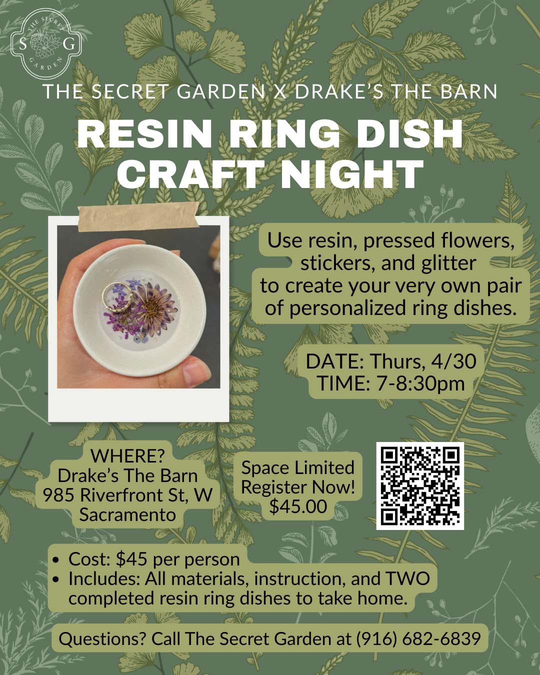 Resin Ring Dish Workshop with The Secret Garden on Thursday, April 30th at Drake’s: The Barn